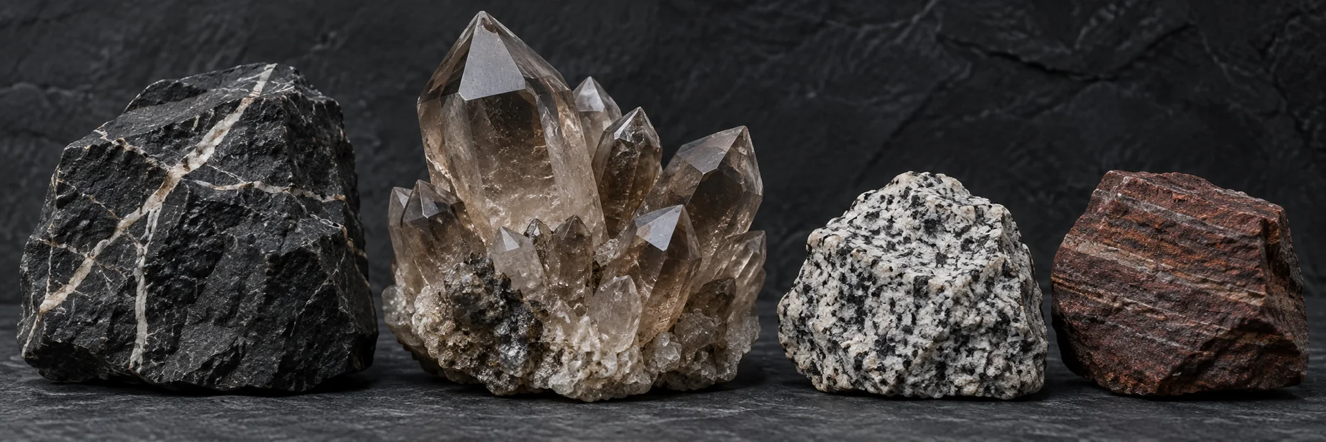 Four rock specimens on dark slate: veined stone, smoky crystal, speckled granite and banded red rock.