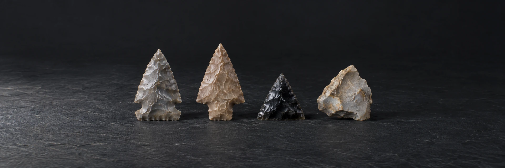 Three flaked stone points beside an irregular natural chert fragment on dark slate.