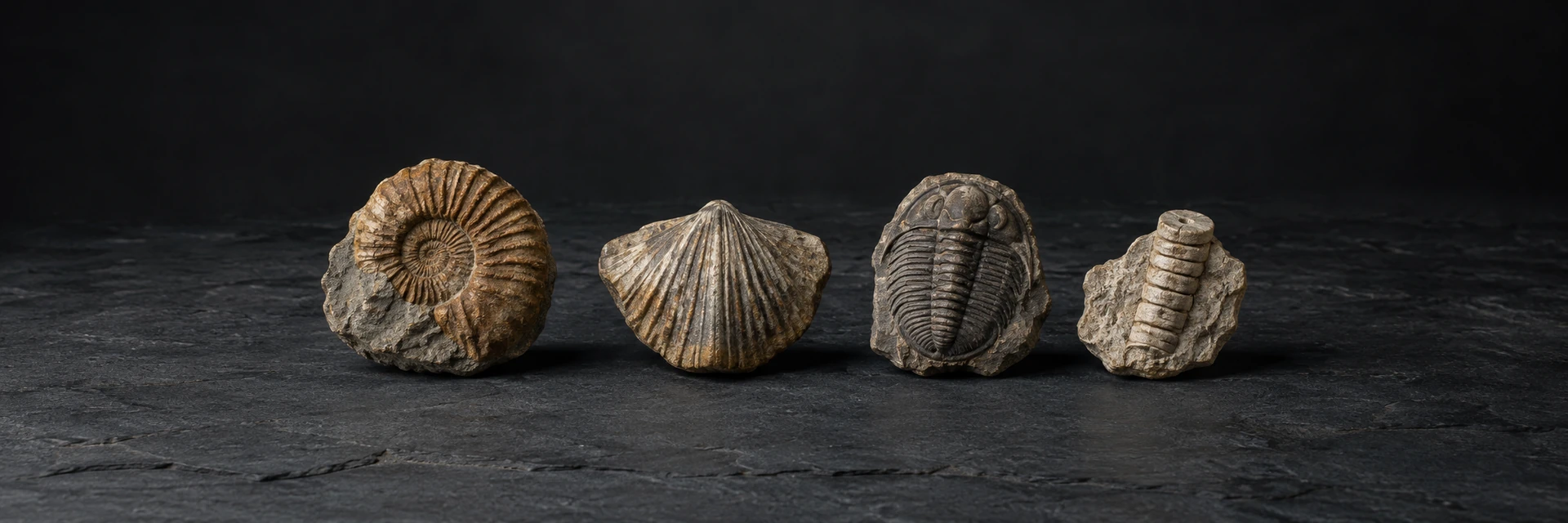 An ammonite, ribbed brachiopod, trilobite and crinoid stem fossil on dark slate.