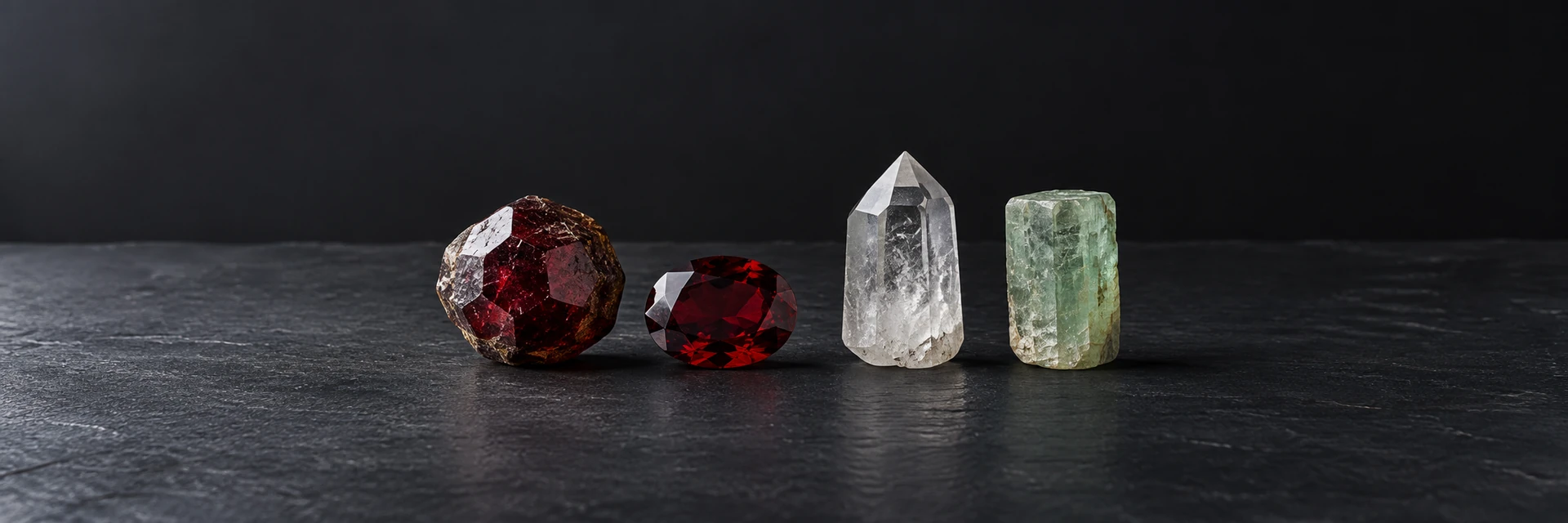 Rough and faceted red garnet beside clear quartz and pale green beryl on dark slate.
