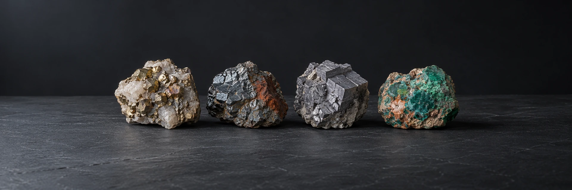 Chalcopyrite in quartz, hematite, cubic galena and green-stained copper ore on dark slate.